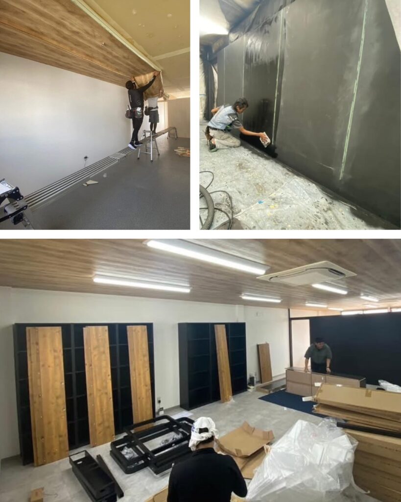 岡山市北区 オフィスリノベーション 木目調クロスの天井仕上げ