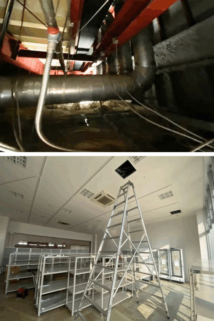 倉敷市 店舗内装工事中 天井裏配線作業の様子