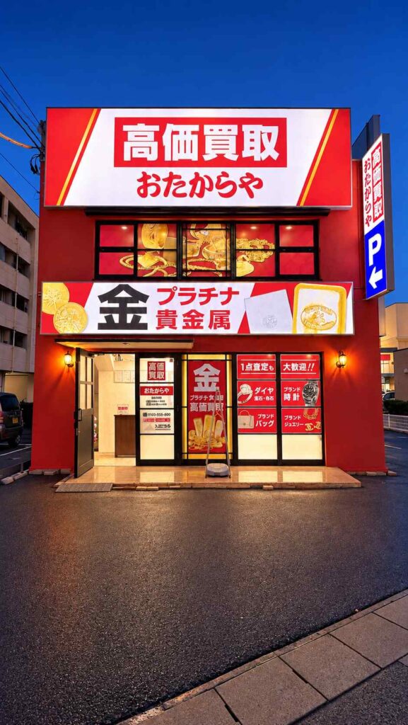 夜の旧2号線沿いで走行中の車からも圧倒的に目立つおたからや倉敷中庄店様のライトアップ外観